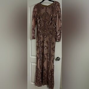 Betsey & Adam long sleeve pink dress, styled with beautiful sequins, and sleeves